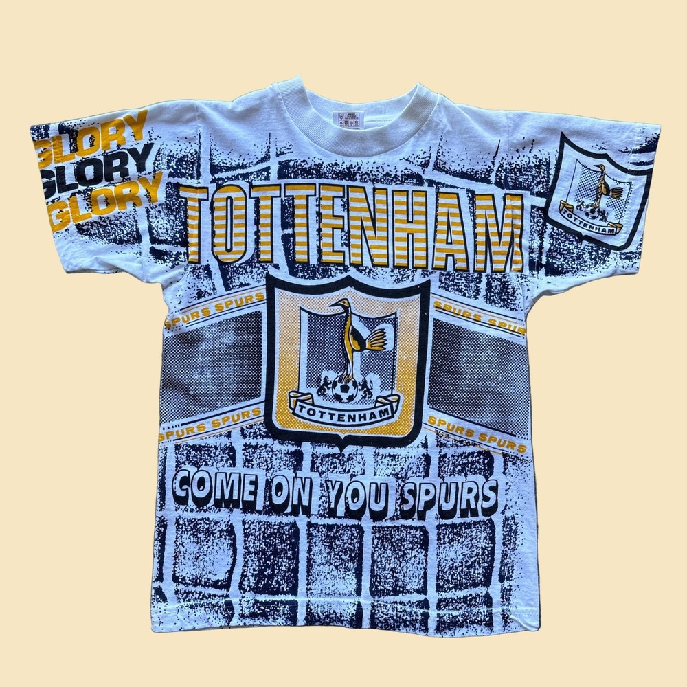 Vintage Tottenham Hotspur Spurs AOP T-Shirt Kids 9-10 Years White Soccer Tee